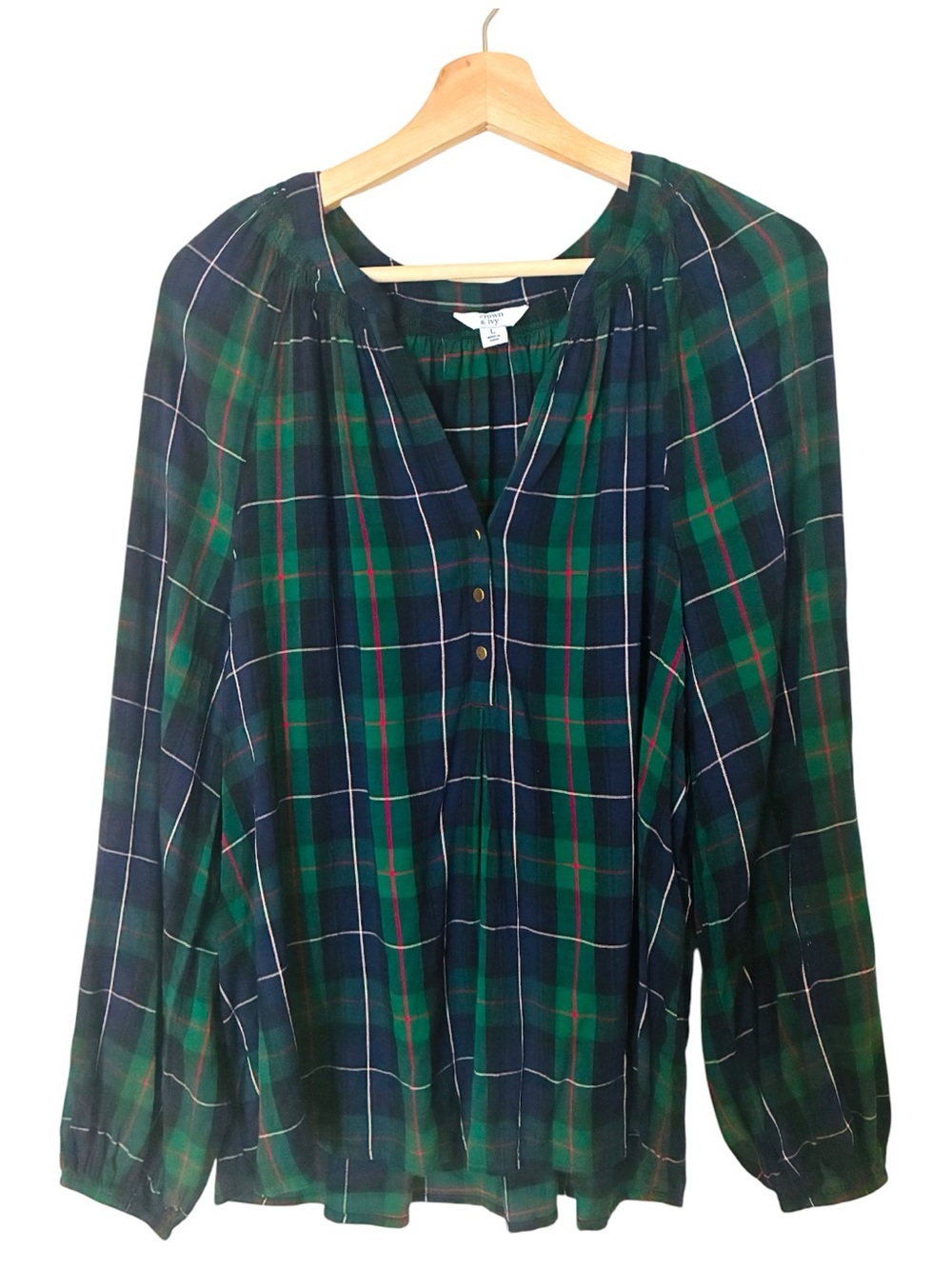 Crown & Ivy Sz LARGE Navy Green Tartan Plaid Split-Neck Popover Blouse Top - Picture 2 of 7